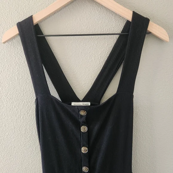 Reformation Landry Jumpsuit Medium Black Ribbed Knit Square Neck Button Lyocell - Picture 3 of 11